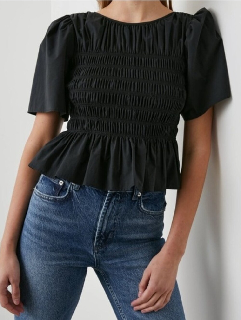 Rails Rosie Peplum Smocked Top in Black, Back Keyhole Neck Closure, Size Medium